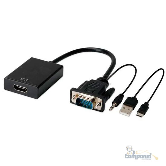 Cabo Conversor VGA Macho c/ Audio P2 x HDMI Fêmea + Alimentação USB